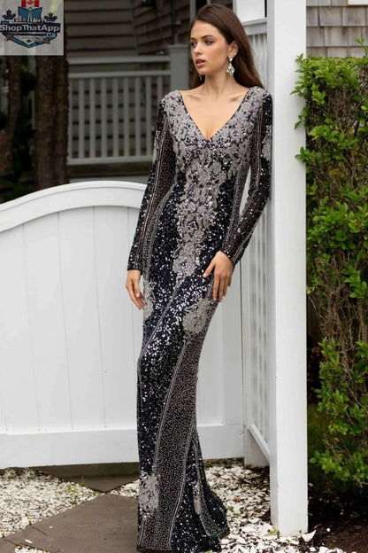 Beaded black and silver long sleeve top with allover design by Elegant Threads, showcasing intricate beadwork and stylish elegance.
