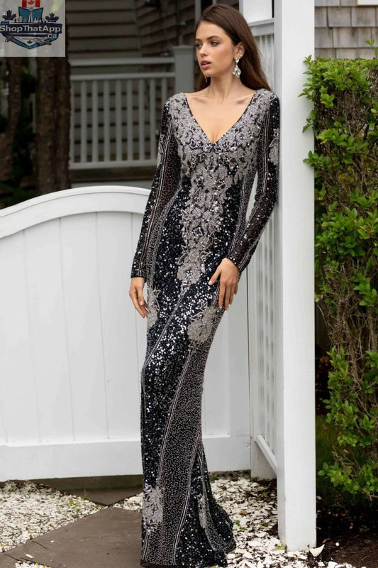 Beaded black and silver long sleeve top with allover design by Elegant Threads, showcasing intricate beadwork and stylish elegance.