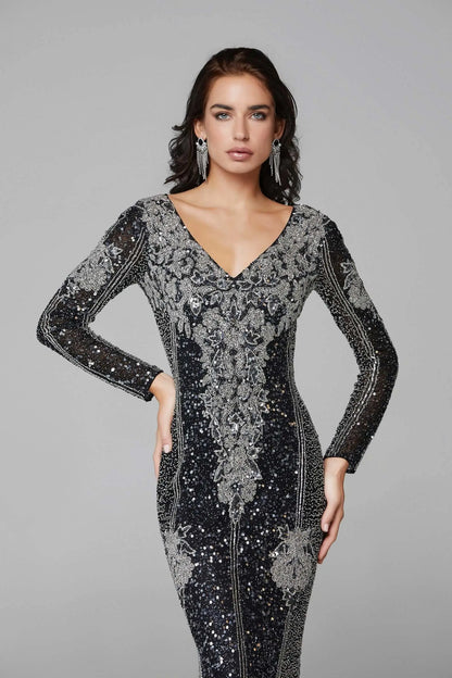 Beaded long sleeve top by Elegant Threads with allover silver and black bead design, stylish and elegant for fashionable wear.