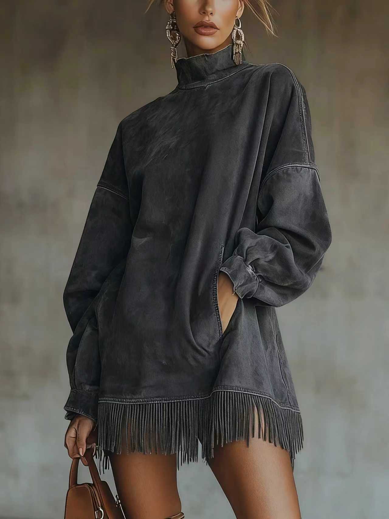Women's Loose Tassel Suede Dress - Long Sleeve Pocket Dress