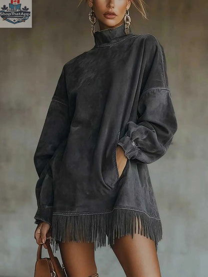 Women's Loose Tassel Suede Dress - Long Sleeve Pocket Dress - Shopthatapp.ca
