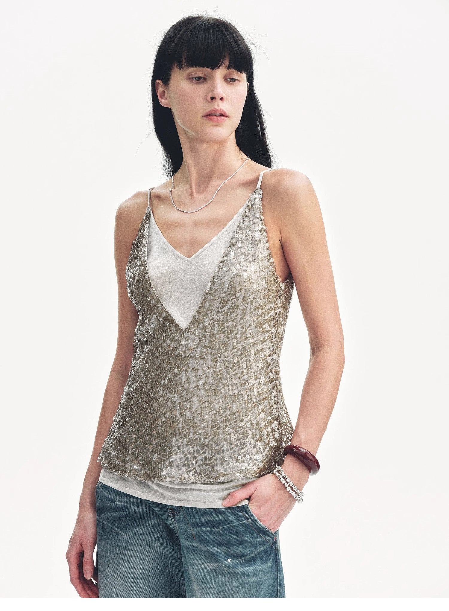 Dream Catcher Two-Piece Suspender with Sequined Net Pattern and Deep V Waist for Summer - Shopthatapp.ca