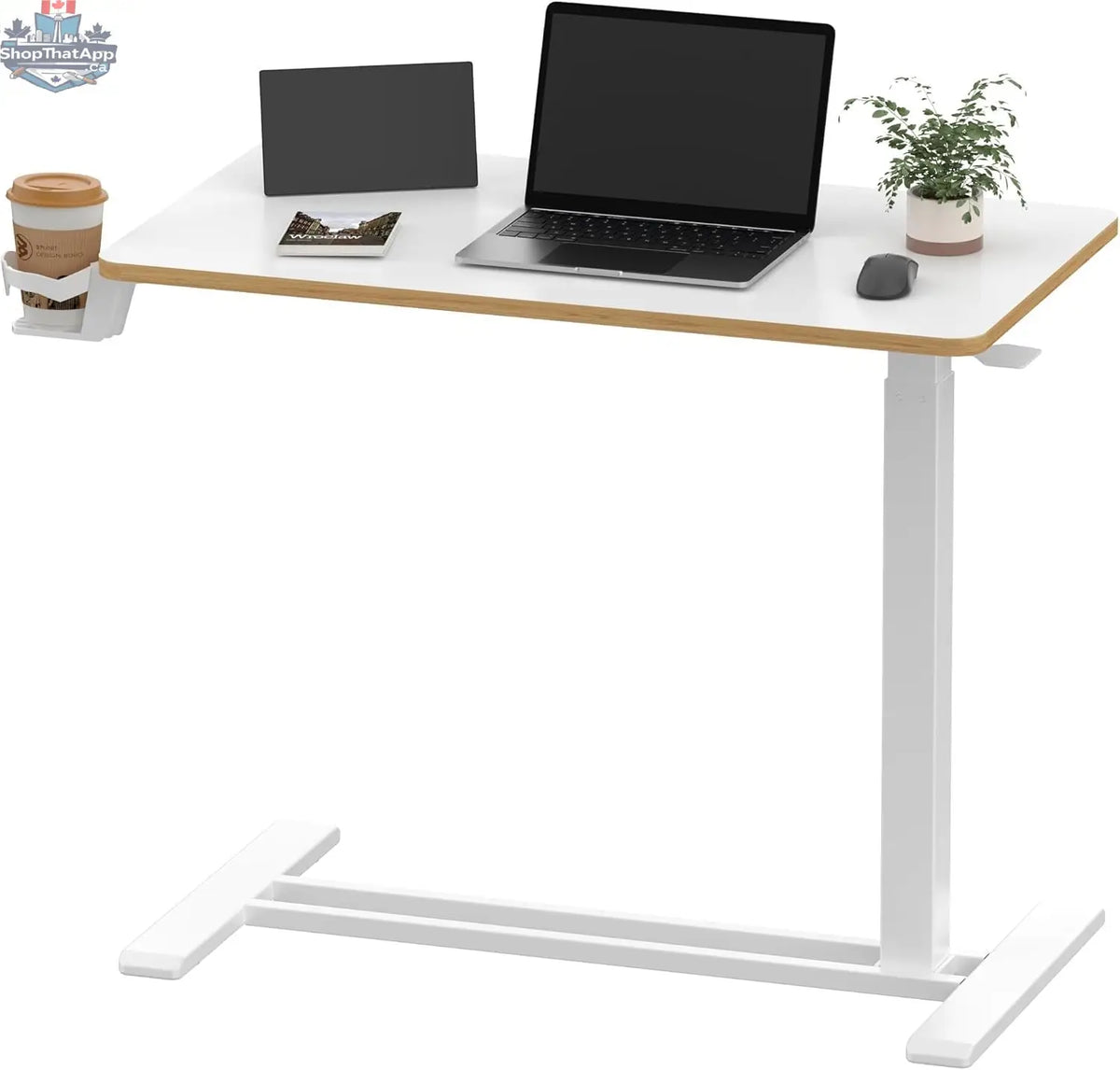 SANODESK Mobile Standing Desk with Hidden WheelsPneumatic Laptop Desk Rolling Computer Cart Movable Height Adjustable Small Sit Stand Desk for Home Office(31.5" W x 17.7" D White+Maple Band) - Shopthatapp.ca