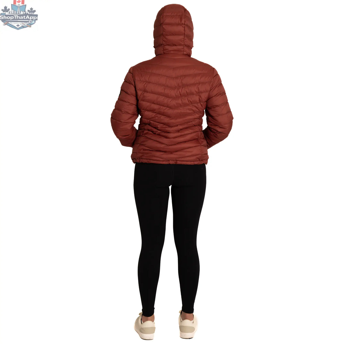 Northern Sun packable down jacket, lightweight and insulated, shown folded and ready for travel in a neutral color.
