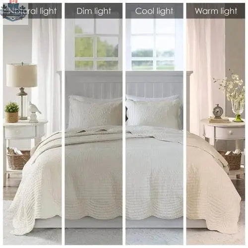 Reversible scalloped edge quilt set with three comforters in coordinating patterns, made by EX-STOCK Canada.
