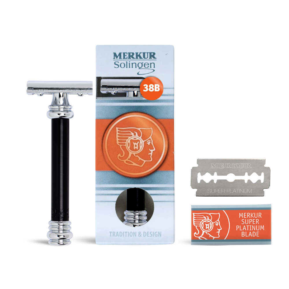 Merkur 38B Safety Razor with Barberpole Long Heavy Handle - Closed Comb Design