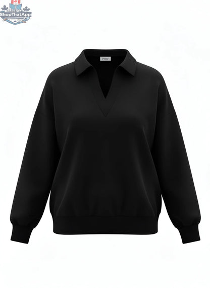 Ella Luxeflow Long Sleeve Polo in Black - Stylish and Comfortable Elegance - Shopthatapp.ca