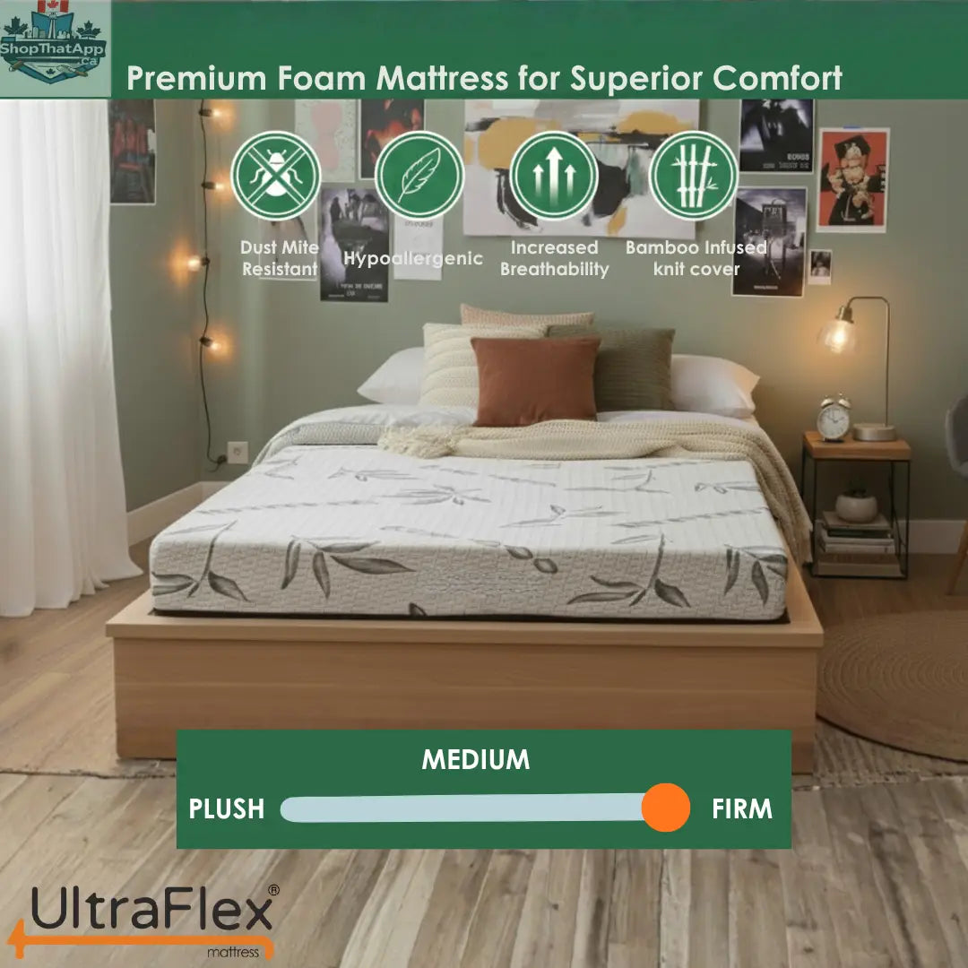 UltraFlex Atlas mattress with cooling gel foam, breathable bamboo cover, and firm reversible design for comfort and support.