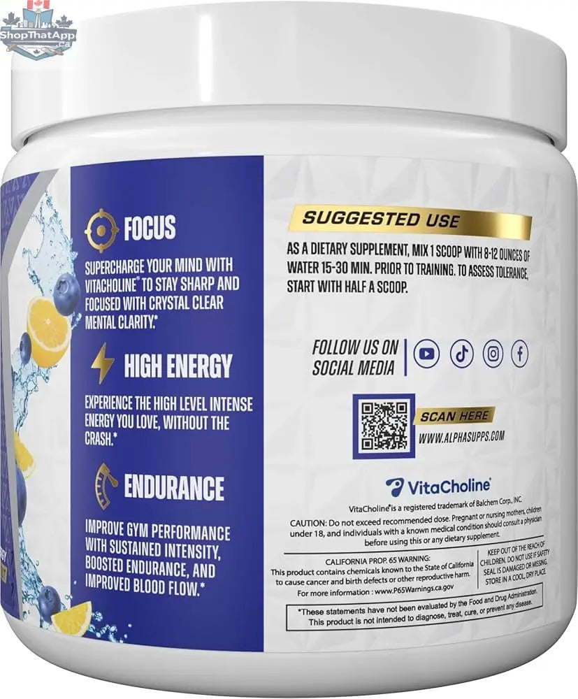 BulkBully Supplements Alpha Supps Pre-Workout powder in a bright container with scoop, designed to boost energy and performance.