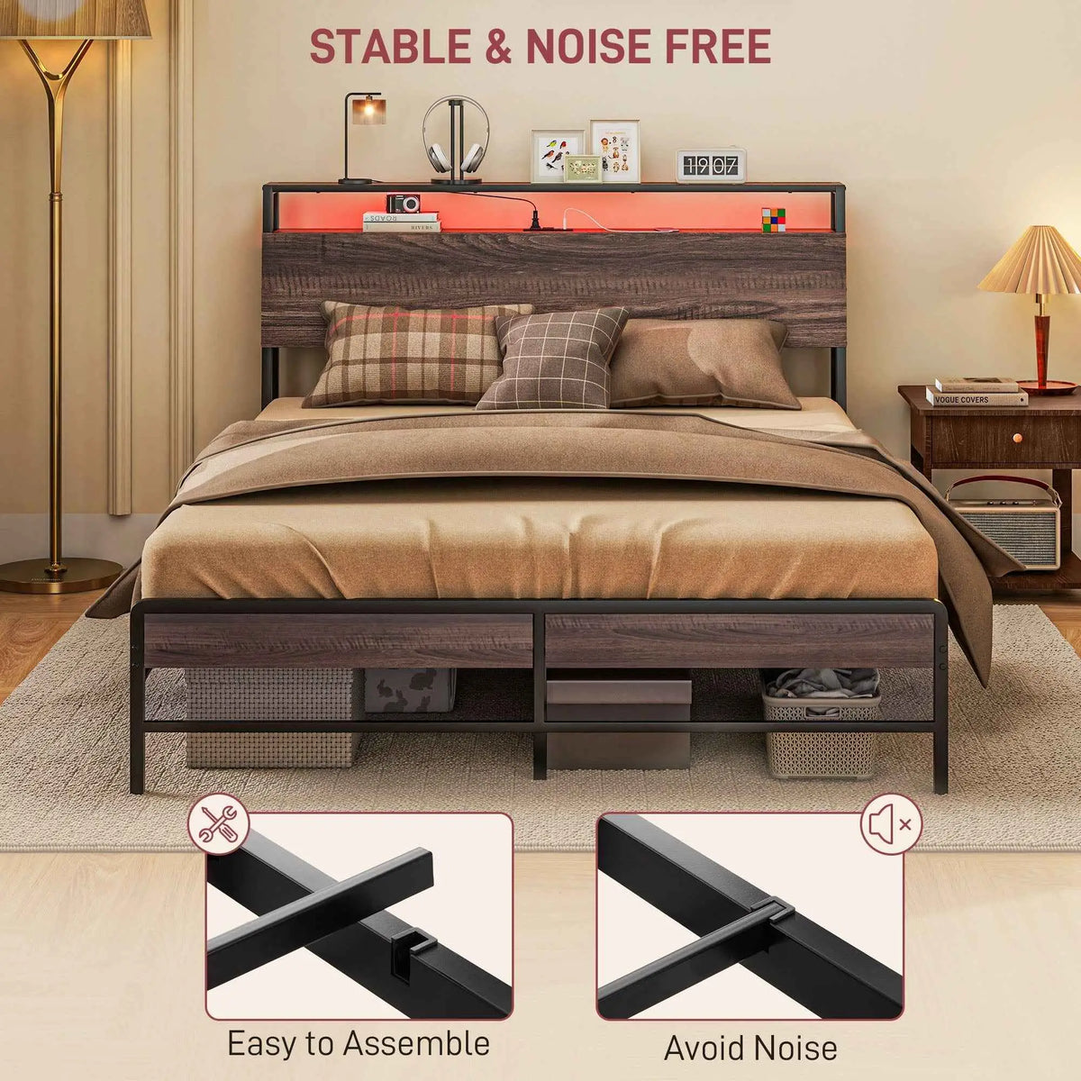 SLOTH Nation Logan queen size bed frame with built-in LED lights, featuring a modern design and sturdy wooden construction.