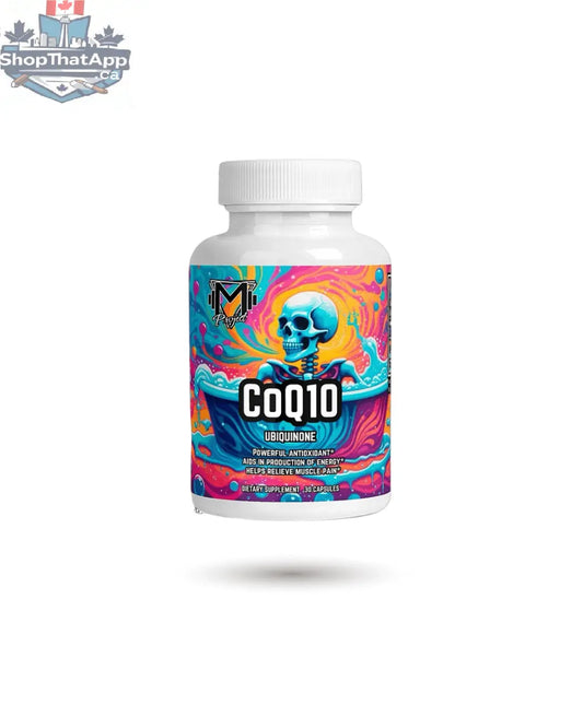 Bottle of BulkBully CoQ10 Ubiquinone supplement with capsules in a clear container, showcasing the product's label and capsules inside.