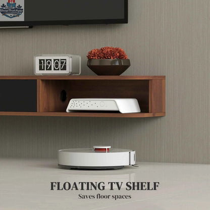 Lennox floating TV stand by SLOTH Nation with walnut finish and flip drawer, designed for TVs up to 75 inches in living room.