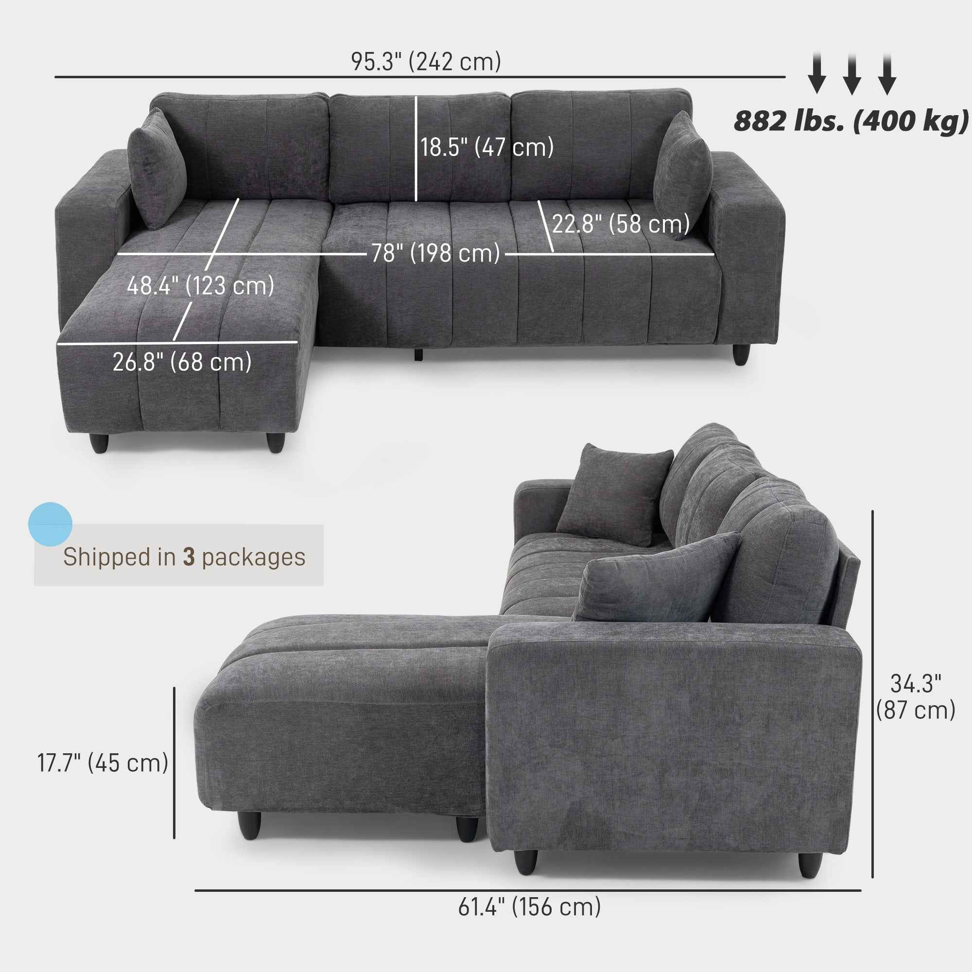 Wilshere Reversible Sectional with Changeable Chaise-Grey