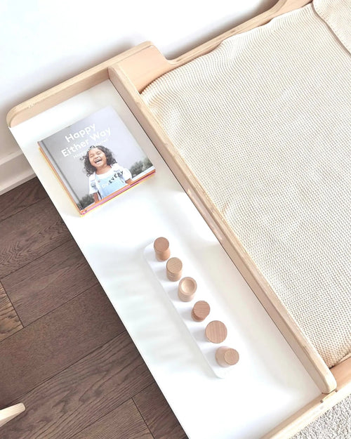 APPLE TWIN - Montessori Floor Bed with Rails & Shelves - Shopthatapp.ca