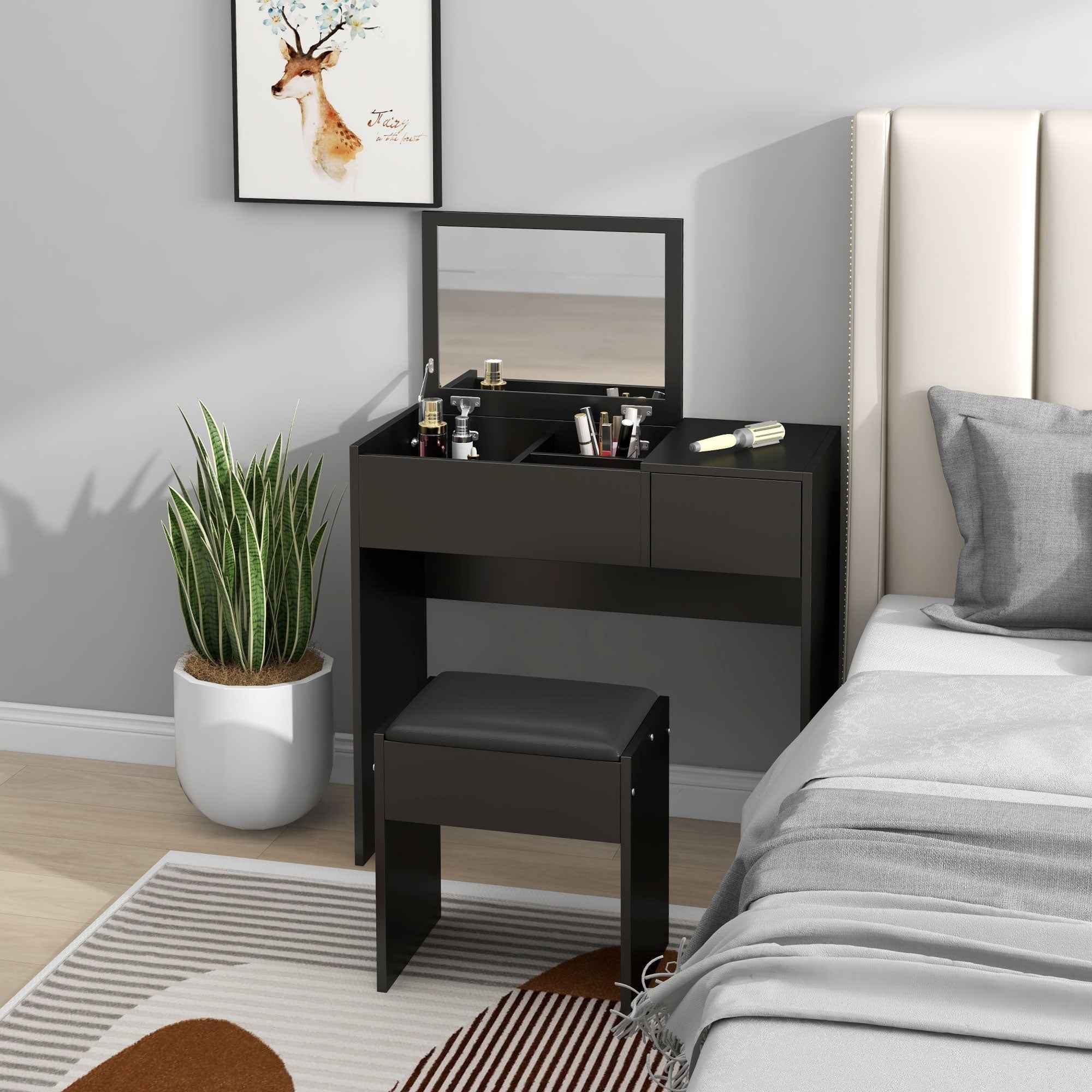 Mia Modern Vanity Set with Flip Top Mirror-Black