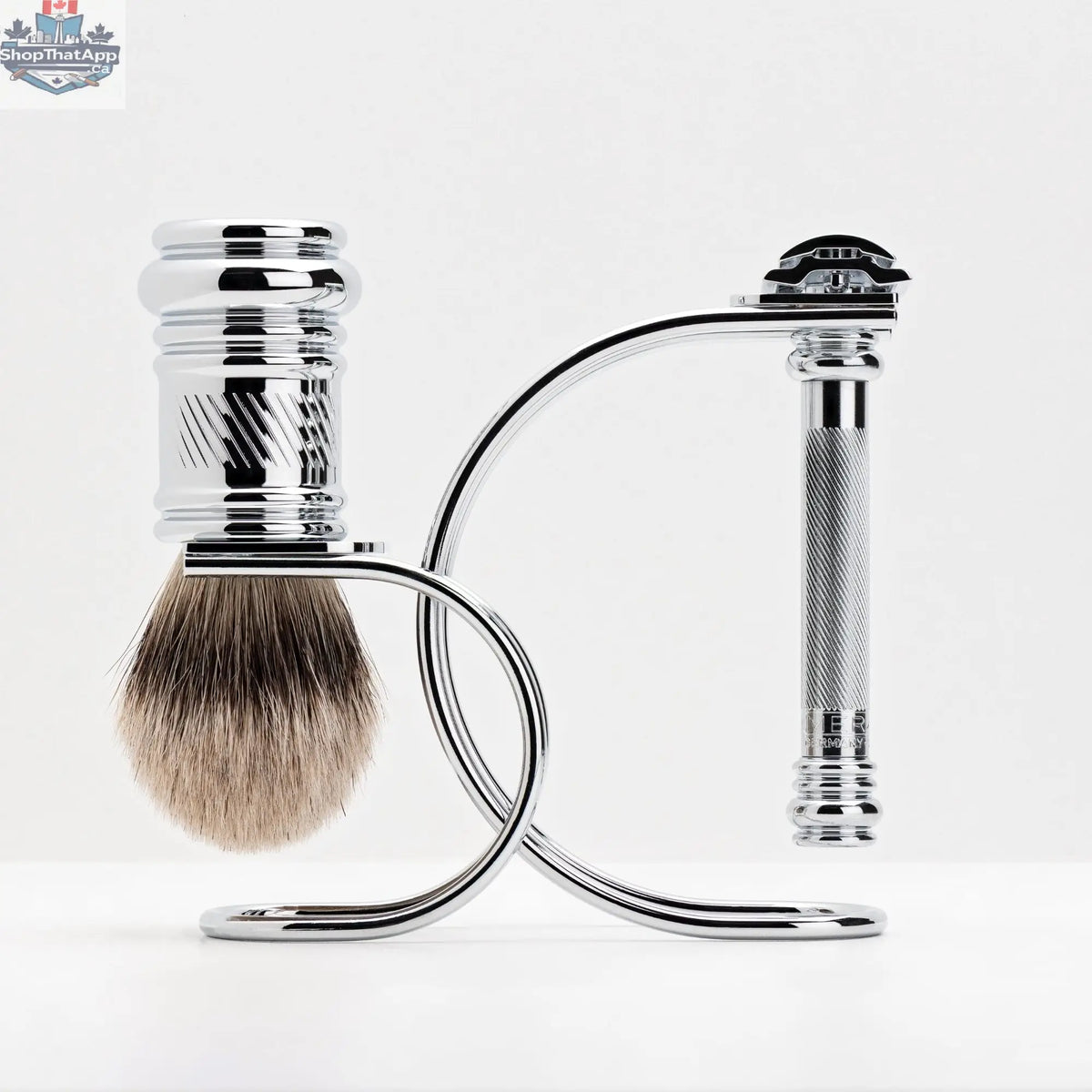 Merkur Shaving Set with MK-38001 Razor, Silver Tip Badger Brush and Curved 3-piece Stand, Chrome - Shopthatapp.ca