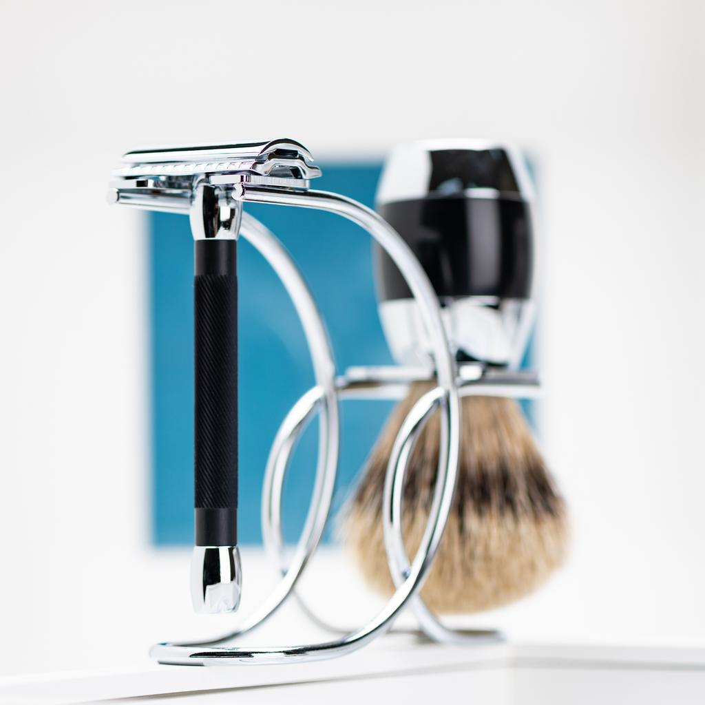 Merkur 3081 Shaving Set - 3pcs Twin Color Black with Bright Chrome Finish