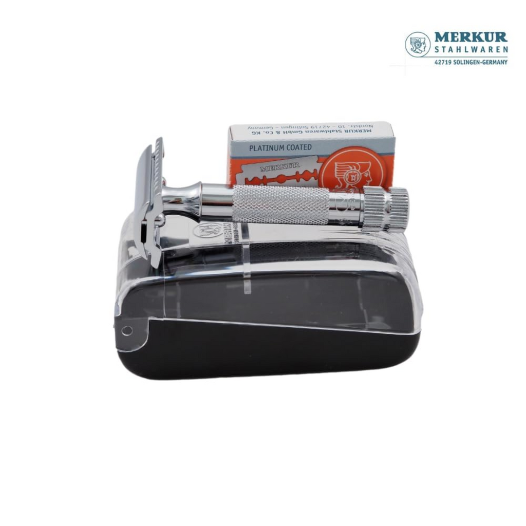 Merkur 34C Safety Razor with Knurled Extra Thick Handle in Chrome - 2-Piece DE Razor Case with 10 Blades