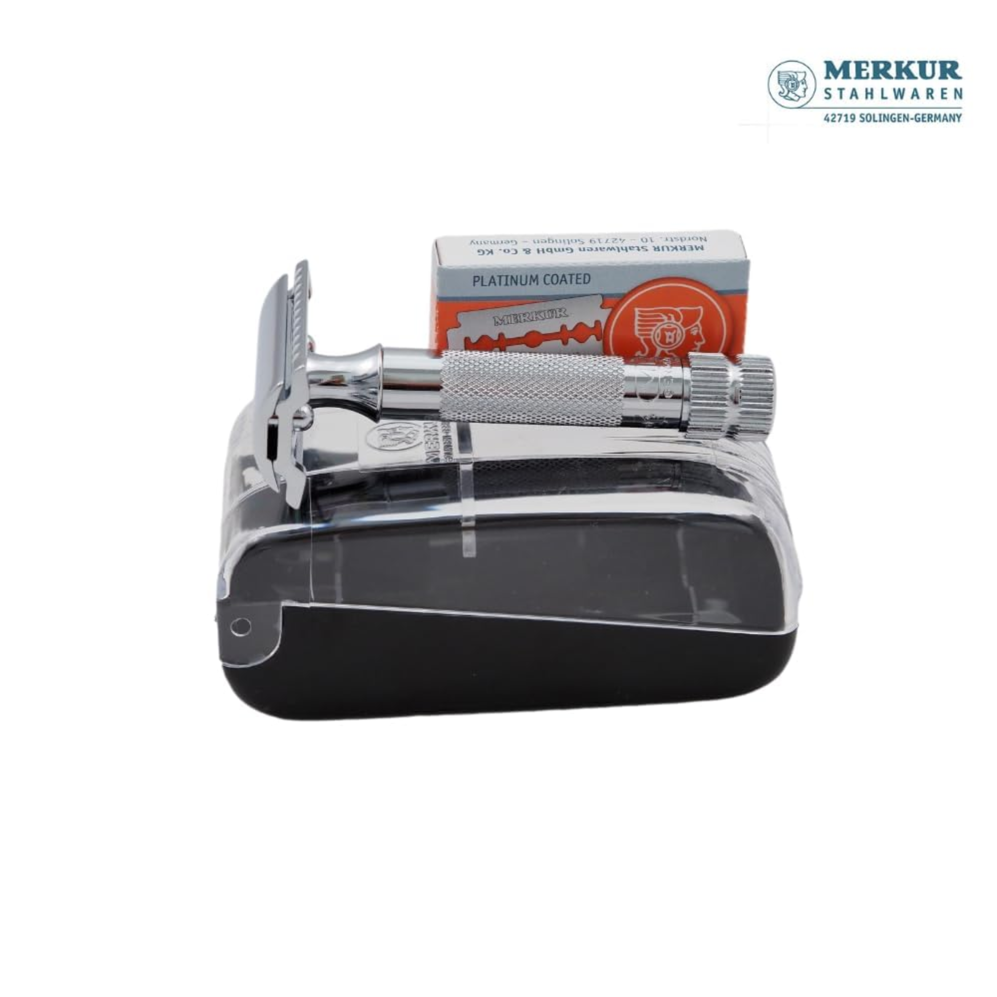 Merkur 34C Safety Razor with Knurled Extra Thick Handle in Chrome - 2-Piece DE Razor Case with 10 Blades