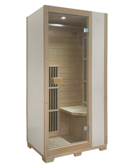 Zoppinh Blisspod Vienna Far Infrared Sauna for One made of Canadian Hemlock with glass door and interior seating, low EMF design.