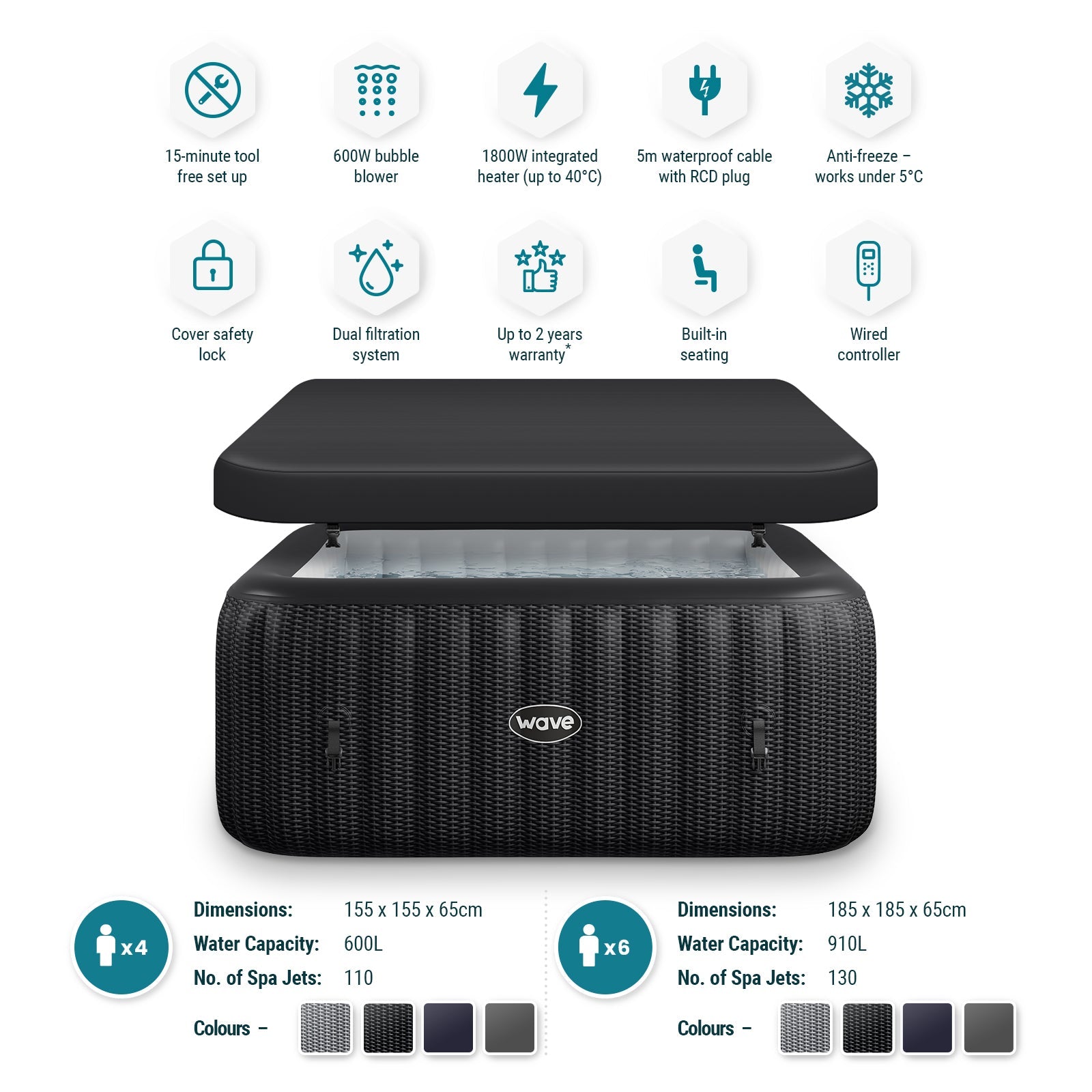 Wave | Pacific | 4/6-Person Inflatable Hot Tub | Square | Integrated Heater - Www.Shopthatapp.ca