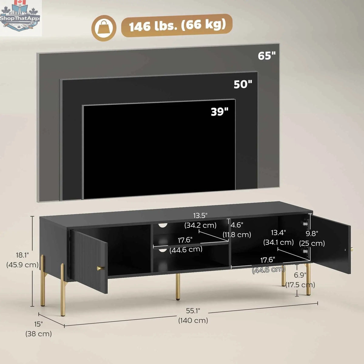 Black Harley TV stand by SLOTH Nation for TVs up to 65 inches, featuring a modern design and ample storage space.