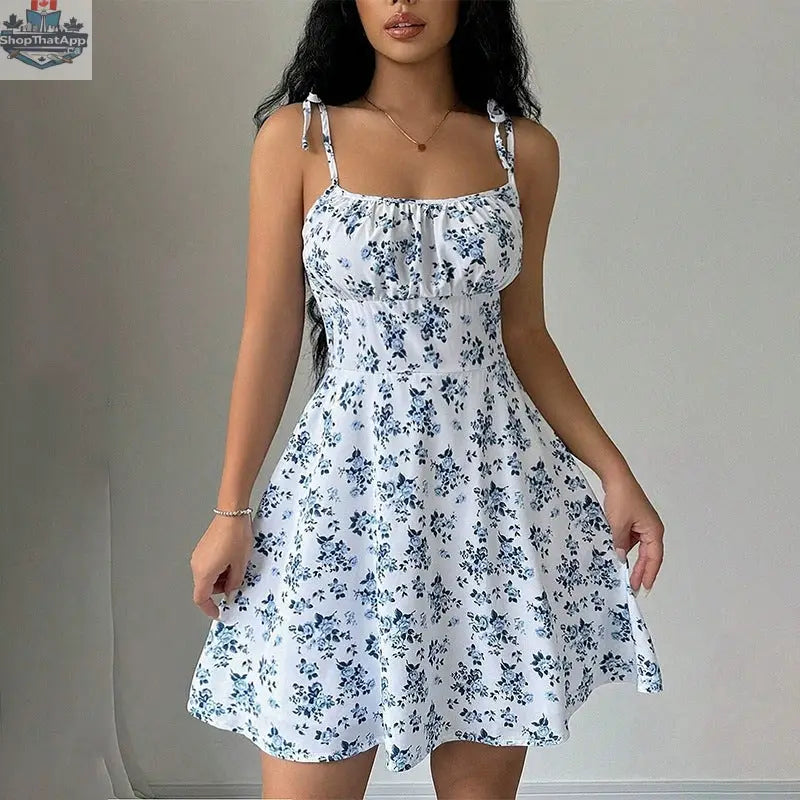 Floral Print Dress Summer Sweet A- Line Waist Trimming Dresses Women's Slimming Casual Clothing - Shopthatapp.ca