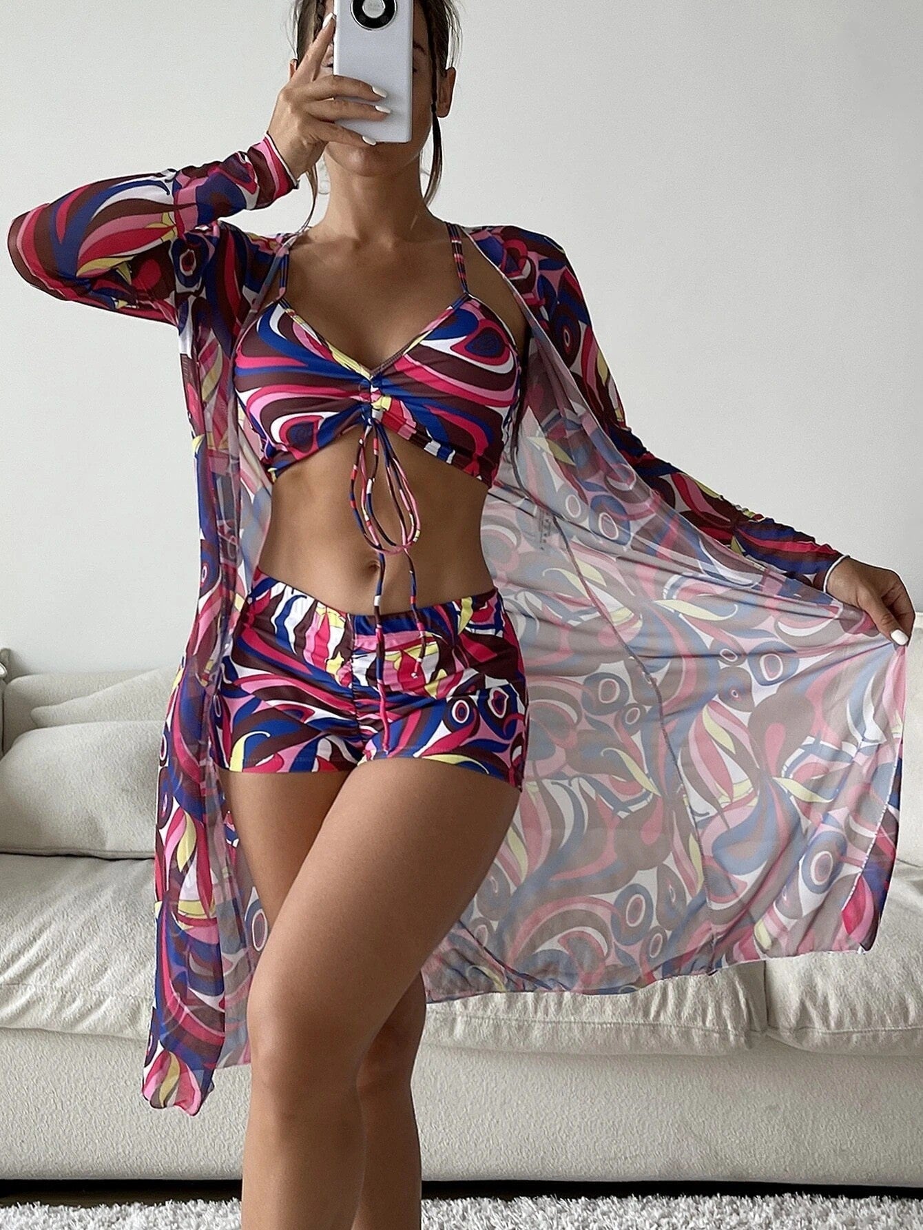3pcs Print Bikini with Long Sleeve Cardigan for Women - Stylish Summer Beach Swimsuit Set - Shopthatapp.ca