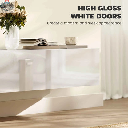 White Hunter floating TV stand by SLOTH Nation with storage cupboards, designed for TVs up to 65 inches, modern living room furniture