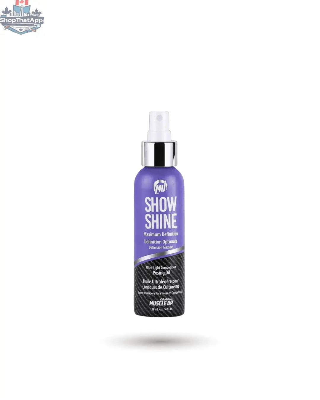 BulkBully Supplements Pro Tan Show Shine Posing Oil for competitors, featuring a sleek bottle with a shiny black and gold label.