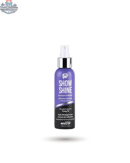 BulkBully Supplements Pro Tan Show Shine Posing Oil for competitors, featuring a sleek bottle with a shiny black and gold label.