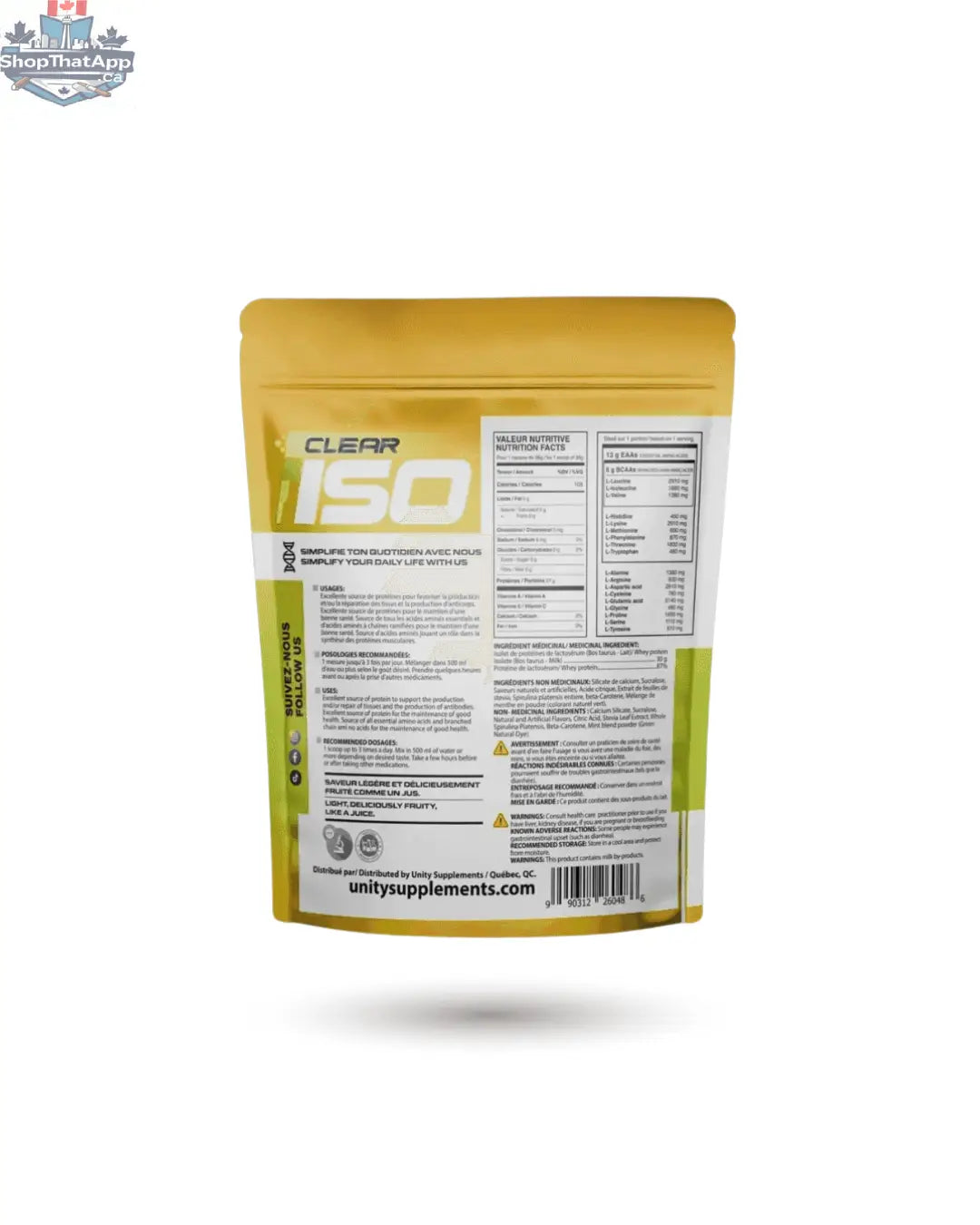 Clear isolate protein juice from BulkBully Supplements for pure muscle growth, featuring a transparent bottle with a light-colored liquid.