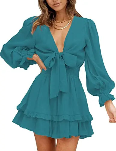 Women’s knotted tiered mini dress by AILUNSNIKA featuring a stylish design and lightweight fabric, perfect for casual or summer wear.
