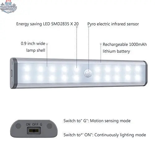 20 LED motion sensor closet light providing automatic illumination, featuring a compact design for closet and cabinet lighting.