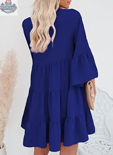 Elegant AILUNSNIKA women’s long sleeve mini dress with V-neck, flowy fabric, solid color, perfect for stylish and comfortable wear
