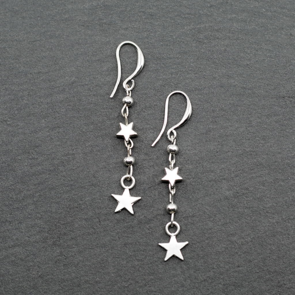 Silver Star Drop Earrings with Double Drop Design - Charming Silver Plate Accessories - Shopthatapp.ca