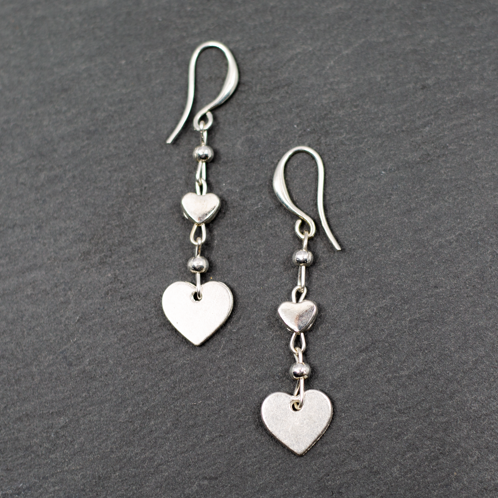 Silver Heart Charm Earrings with Double Drop Design - Shopthatapp.ca