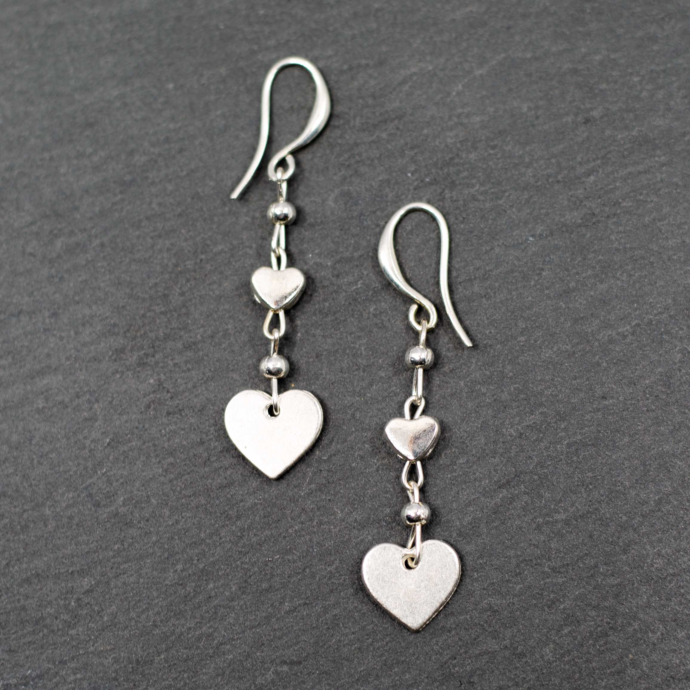 Silver Heart Charm Earrings with Double Drop Design - Shopthatapp.ca