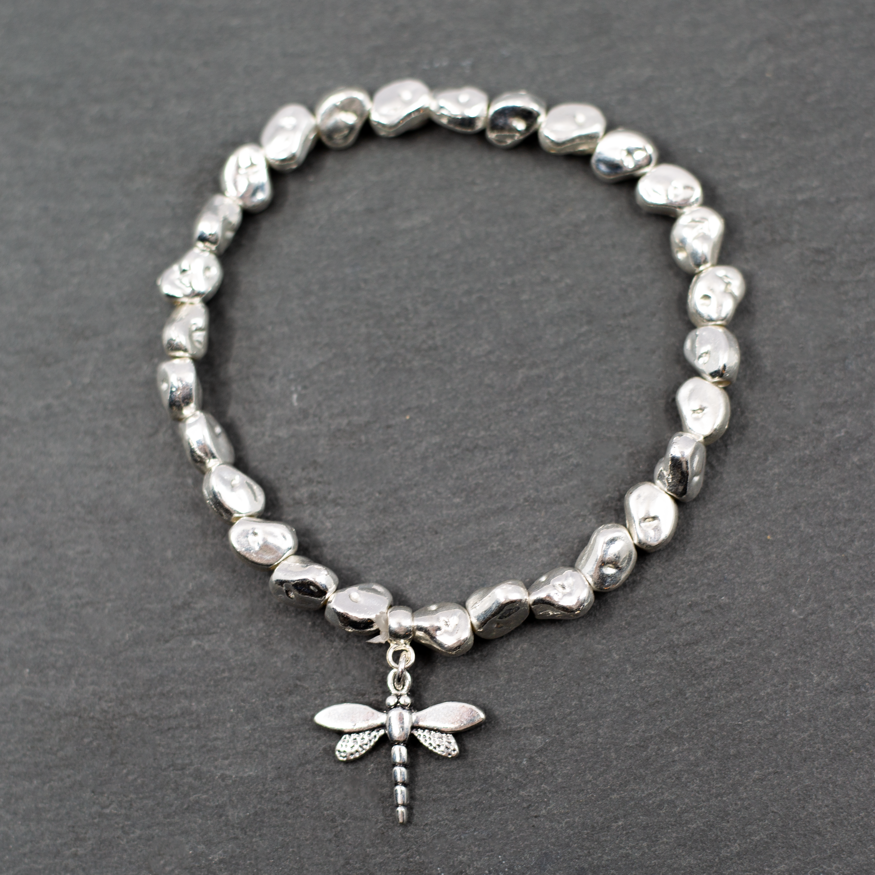 Dragonfly Charm Bracelet in Silver Plate - Unique Nugget Design - Shopthatapp.ca