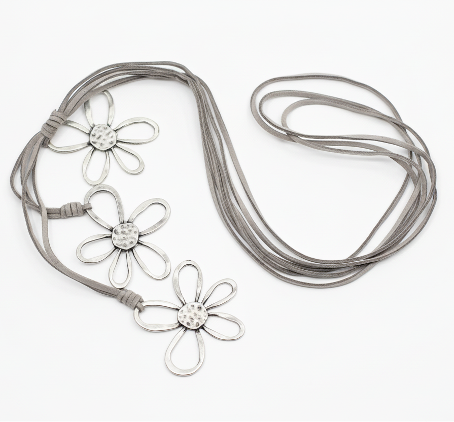 Silver Flower Necklace with Triple Flower Design on Suede - Shopthatapp.ca