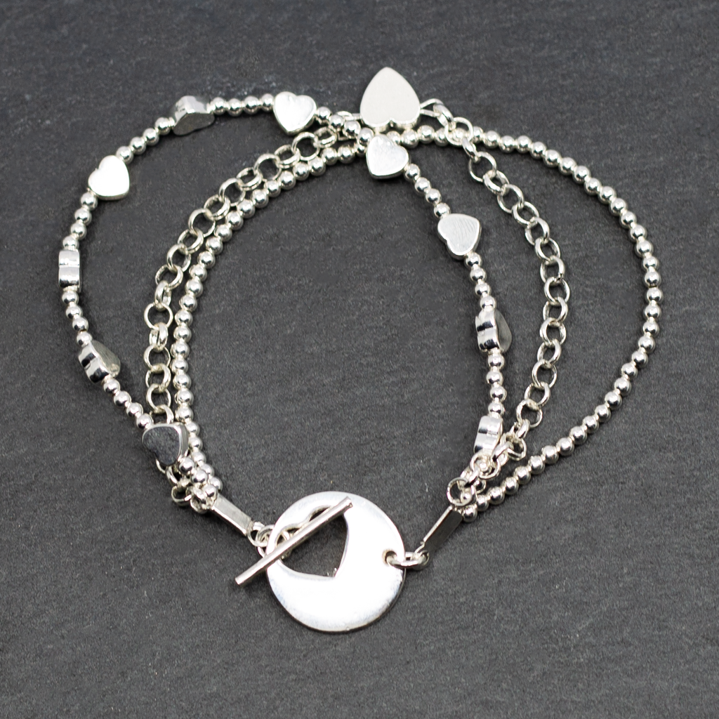 Silver Heart Charm Bracelet - Multi Strand Design with T-Bar Closure - Shopthatapp.ca