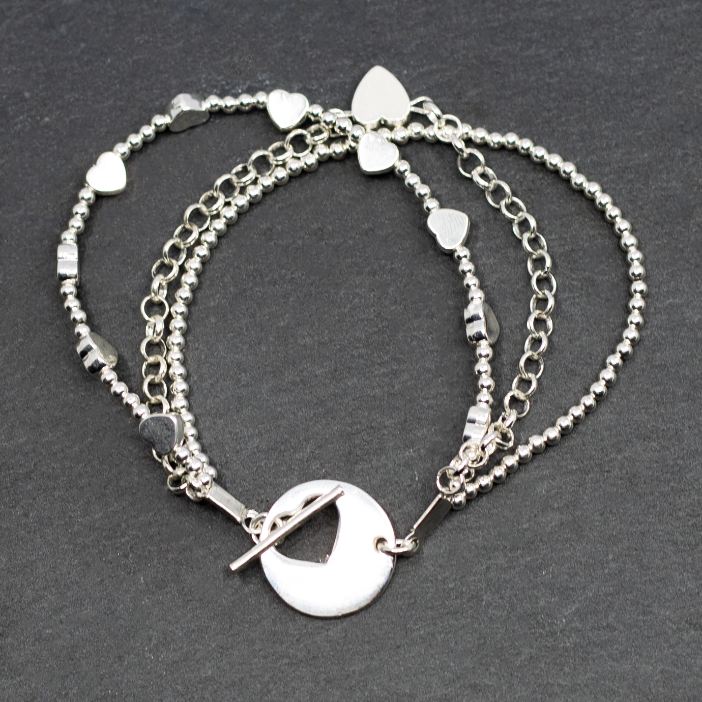 Silver Heart Charm Bracelet - Multi Strand Design with T-Bar Closure - Shopthatapp.ca