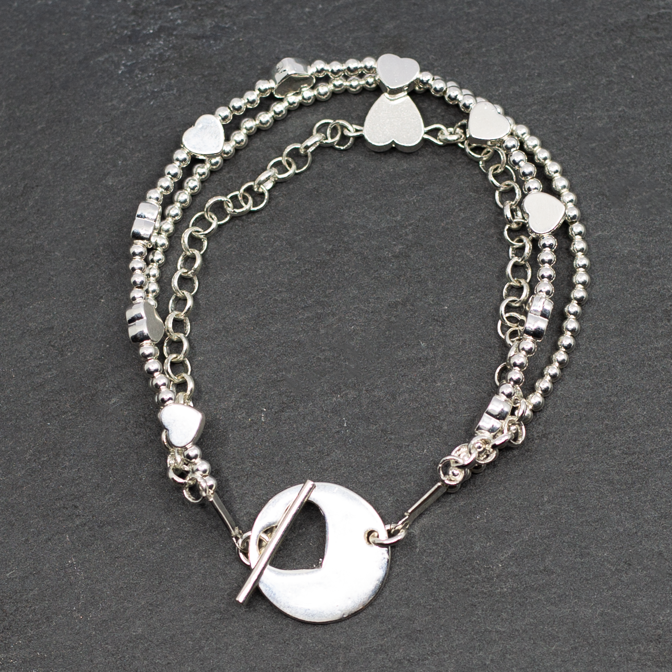 Silver Heart Charm Bracelet - Multi Strand Design with T-Bar Closure - Shopthatapp.ca