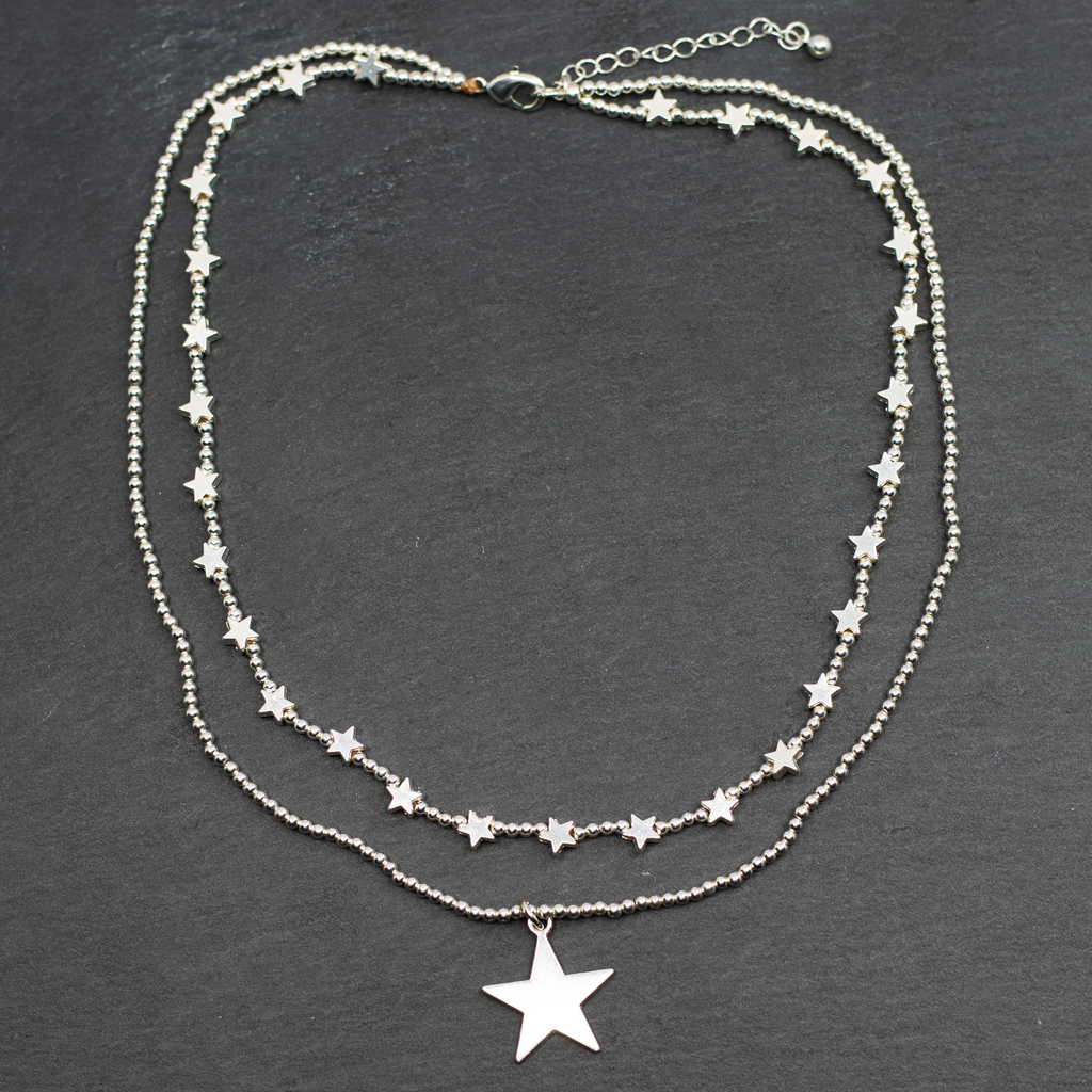 Silver Star Charm Necklace - Double Strand Style with Elegant Plate Design - Shopthatapp.ca