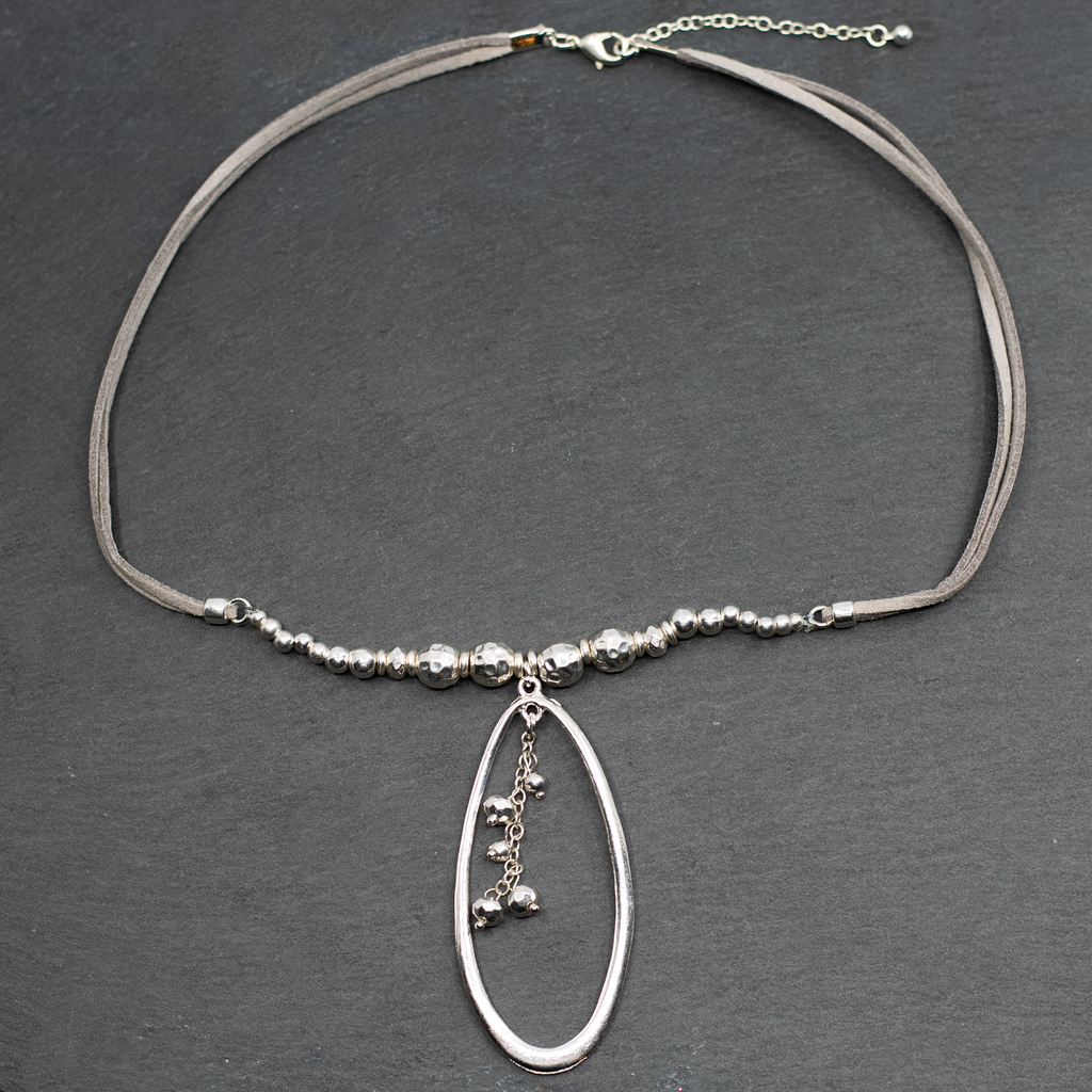 Silver Beaded Pendant Necklace with Suede Strap and Oval Silver Plate - Shopthatapp.ca