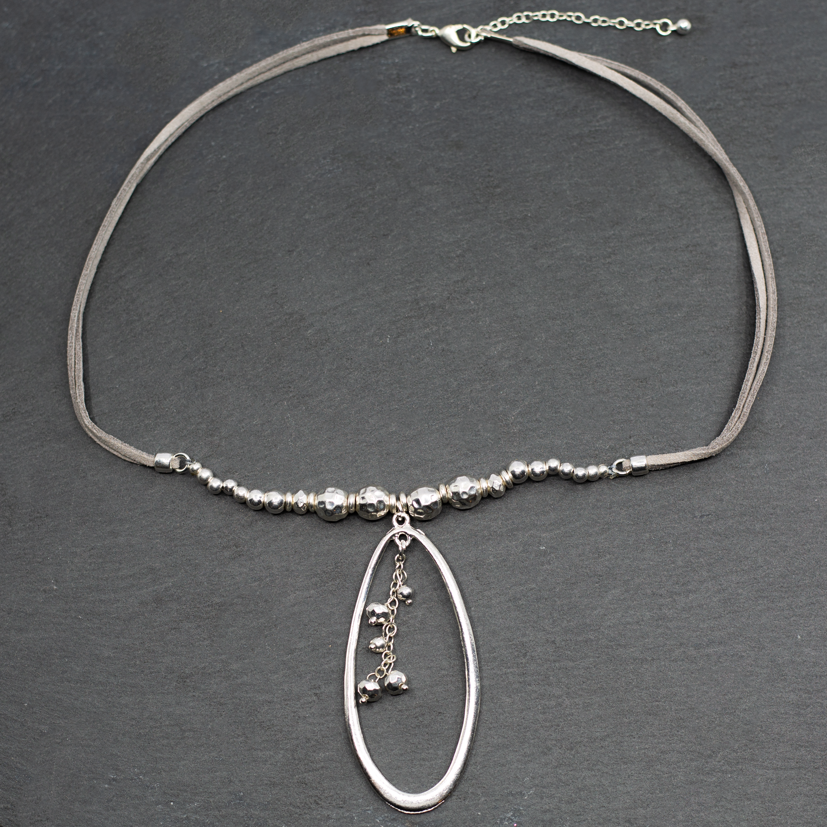 Silver Beaded Pendant Necklace with Suede Strap and Oval Silver Plate - Shopthatapp.ca