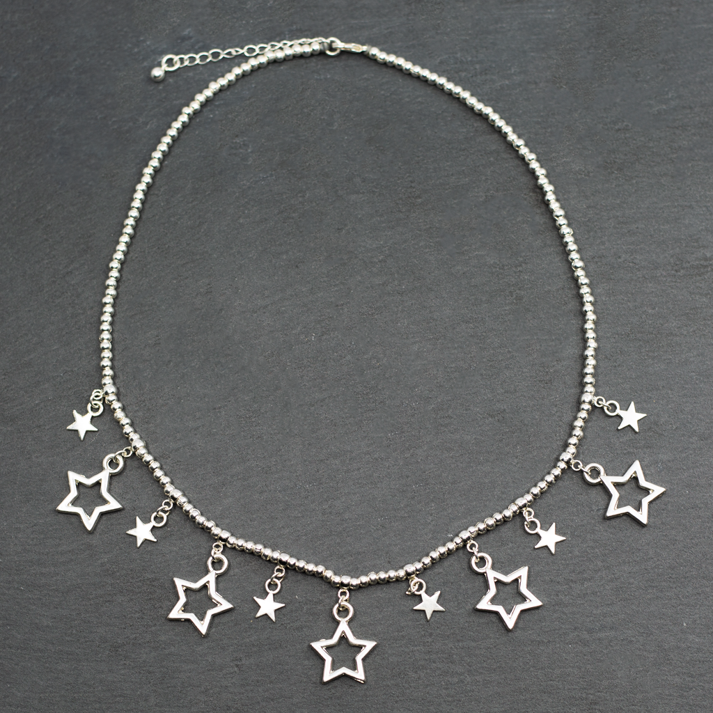 Silver Charm Necklace with Stars - Short Plate Design - Shopthatapp.ca