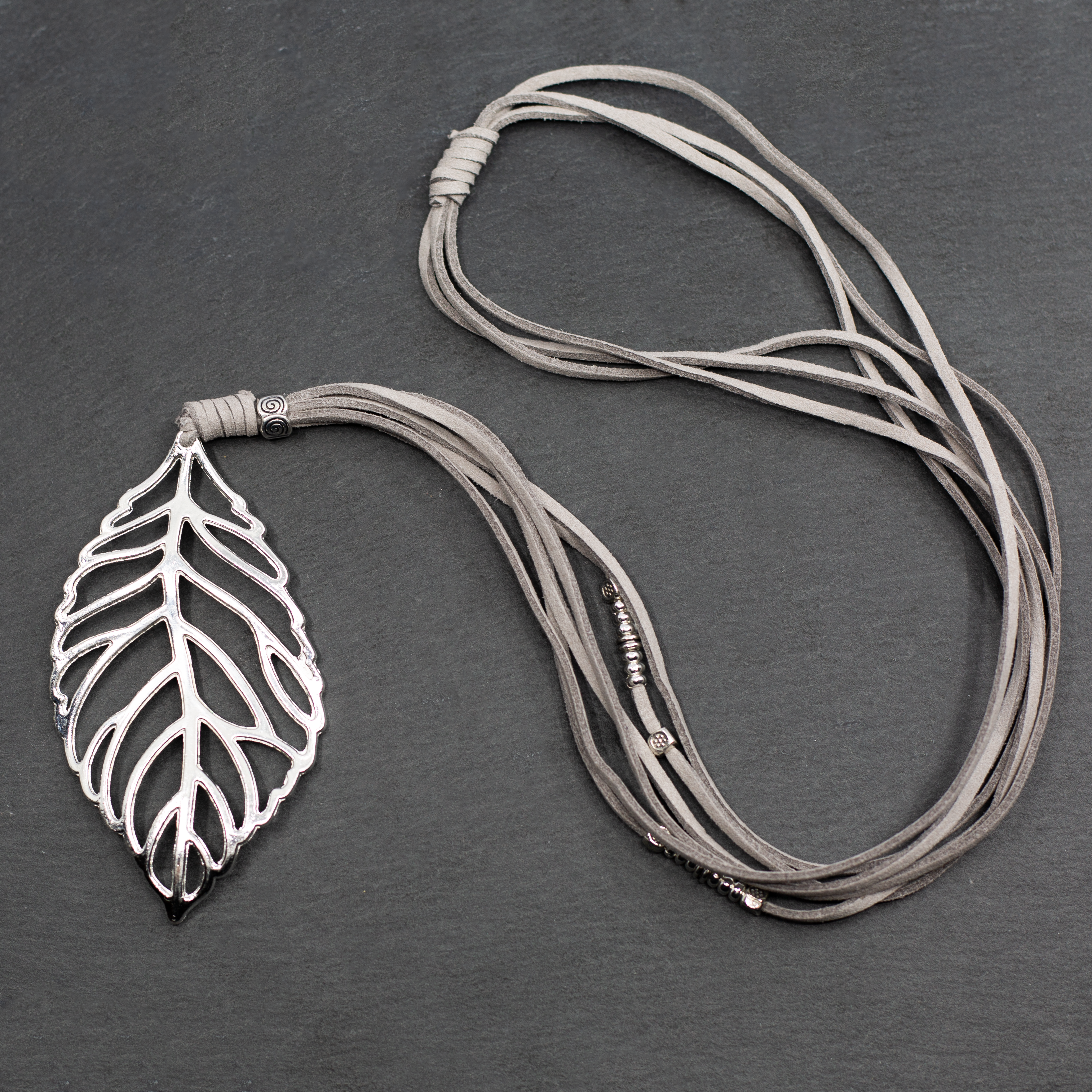Suede Necklace With Leaf Pendant In Silver Plate - Shopthatapp.ca