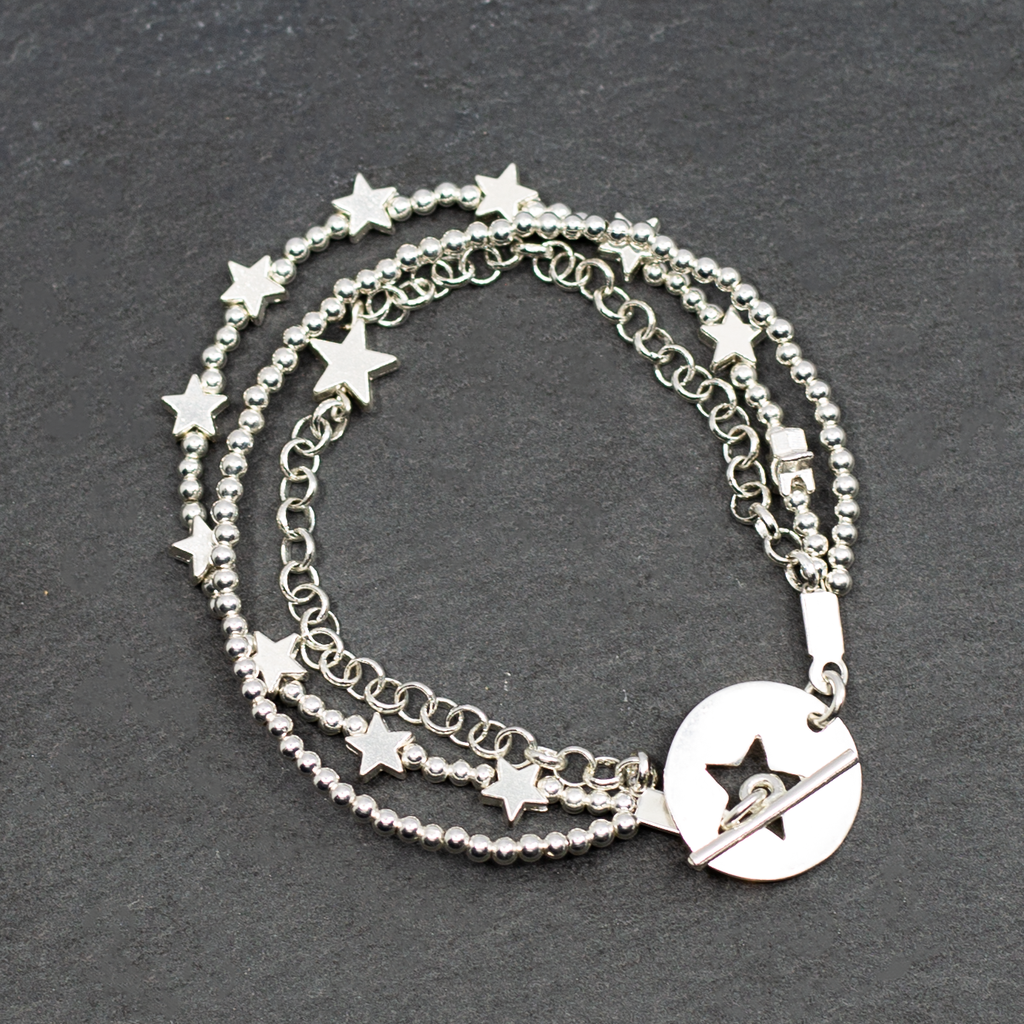 Silver Star Charm Bracelet - Multi Strand with T-Bar Clasp - Shopthatapp.ca