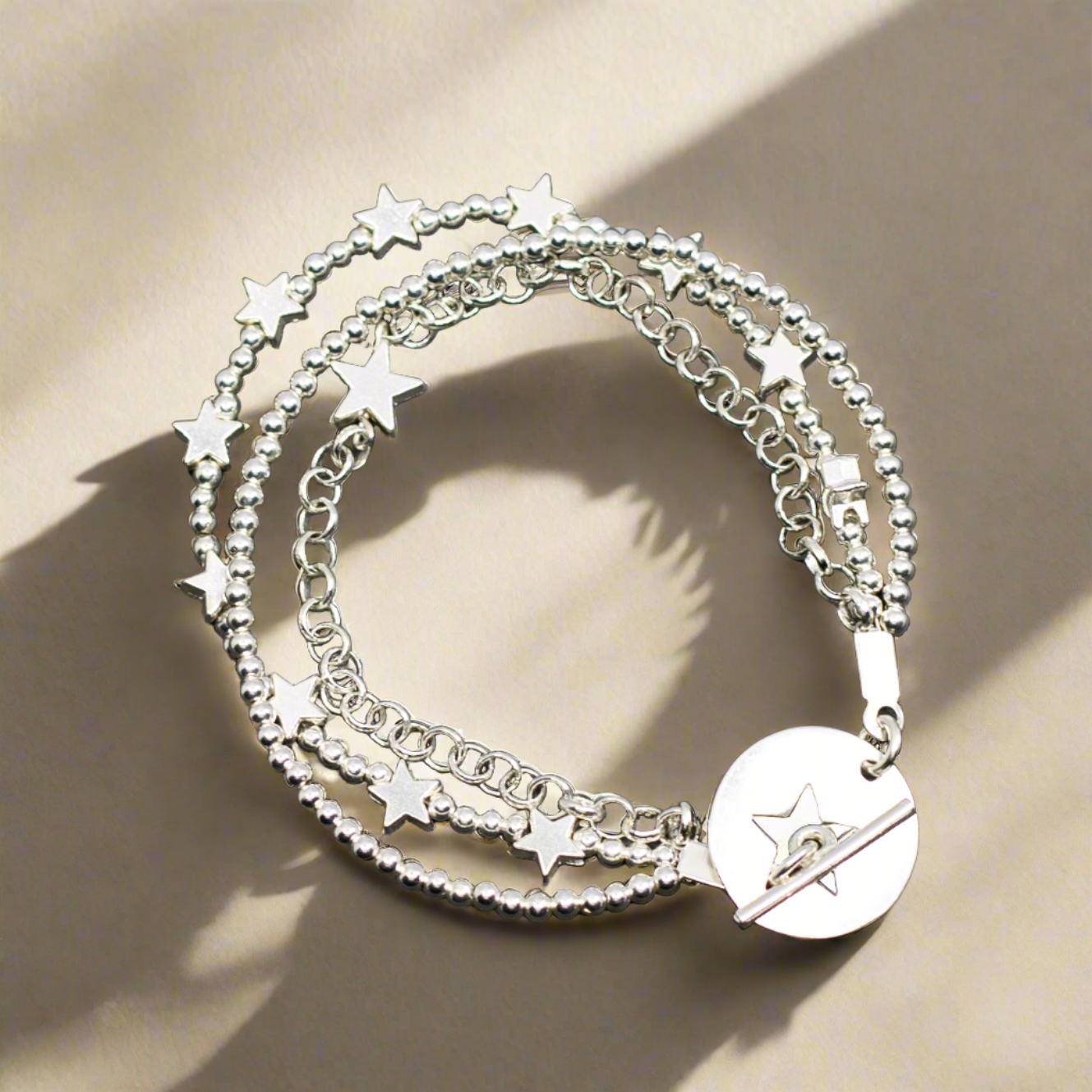 Silver Star Charm Bracelet - Multi Strand with T-Bar Clasp - Shopthatapp.ca